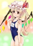  blonde_hair competition_swimsuit flandre_scarlet hat one-piece_swimsuit ponytail red_eyes school_swimsuit shie short_hair side_ponytail smile solo swimsuit the_embodiment_of_scarlet_devil touhou wings 