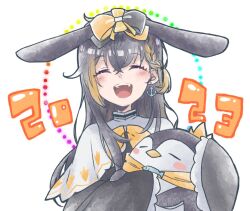  1girl :d act_128 anchor_earrings animal_ears black_hair blonde_hair blush braid closed_eyes dated earrings fake_animal_ears jewelry long_hair multicolored_hair nijisanji nijisanji_en pentomo_(petra_gurin) petra_gurin rabbit_ears single_earring sleeves_past_fingers sleeves_past_wrists smile streaked_hair virtual_youtuber white_background 