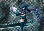  black_gold_saw black_hair black_rock_shooter coat hin_(conqueror) horns huge_sword huge_weapon jacket long_hair midriff pinfan red_eyes shorts smile solo star weapon 
