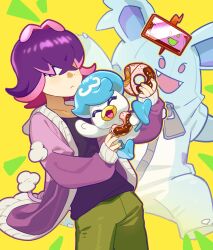  1girl :&lt; absurdres androgynous closed_eyes closed_mouth costume cowboy_shot dot_(pokemon) doughnut emphasis_lines flipped_hair food green_pants hair_over_eyes hands_up highres holding holding_food holding_pokemon jacket long_sleeves manokoto multicolored_hair nidothing open_clothes open_jacket open_mouth outline pants pink_hair pokemon pokemon_(anime) pokemon_(creature) pokemon_horizons purple_hair purple_jacket purple_shirt quaxly rotom rotom_phone shirt short_hair sleeves_past_wrists smile violet_eyes yellow_background yellow_outline zipper zipper_pull_tab 