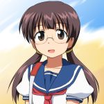  1girl :d brown_hair female glasses gucchi long_hair open_mouth sakura_kiyomi school_uniform serafuku shinryaku!_ikamusume smile solo twintails 