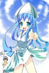  :d awa_(rosemarygarden) blue_eyes blue_hair cloud crossed_arms dress hand_on_hip ikamusume open_mouth pointing shinryaku!_ikamusume sinryaku!_ikamusume smile sun 