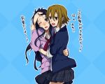  akiyama_mio blazer blush gime hair_down hair_tussle hoodie hug k-on! long_hair multiple_girls no_thank_you no_thank_you! school_uniform short_hair skirt tainaka_ritsu tears translated translation_request wink 