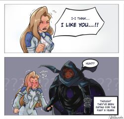 1boy 1girl 2koma artist_name black_hair blonde_hair cloak_(marvel) coat couple dagger_(marvel) dark-skinned_male dark_skin english_text hetero highres holding_hands marvel marvel_rivals millawanda signature speech_bubble twitter_username