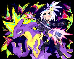  1girl 1other :o absurdres black_background black_choker black_footwear black_gloves black_jacket blue_eyes bourbunbun choker colored_skin electricity fingerless_gloves full_body gloves guitar hair_ornament highres holding holding_instrument instrument jacket looking_at_viewer official_alternate_costume open_mouth pokemon pokemon_(creature) pokemon_bw2 pokemon_masters_ex purple_shorts purple_skin roxie_(pokemon) roxie_(sygna_suit)_(pokemon) shorts simple_background single_thighhigh standing thigh-highs topknot toxtricity v-shaped_eyebrows white_hair yellow_skin 