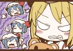  1girl 2girls adomi blonde_hair blue_hair clenched_teeth comic flandre_scarlet hat hat_ribbon millipen_(medium) multiple_girls open_mouth remilia_scarlet ribbon siblings sisters solo stuffed_animal stuffed_toy teddy_bear touhou traditional_media 