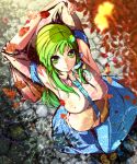  armpits arms_behind_head arms_up breasts detached_sleeves from_above green_eyes green_hair hair_ornament highres kochiya_sanae long_hair looking_up navel solo touhou umigarasu_(artist) umigarasu_(kitsune1963) 