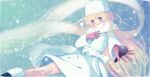  blonde_hair blue_eyes blush bow coat fur_hat hat long_hair microphone mikuri_yoru multicolored_hair musical_note open_mouth original scarf smile snow solo thigh-highs thighhighs two-tone_hair winter 