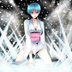  blue_hair ice japanese_clothes jigoku_sensei_nube jojon kimono kneeling payot sad short_hair short_kimono skirt snow solo yukime yukime_(jigoku_sensei_nube) 