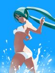  aqua_eyes aqua_hair armpits arms_up ass bikini breasts butt_crack hatsune_miku highres long_hair lowleg lowleg_bikini midriff skindentation sofue_(artist) solo splash splashing swimsuit twintails underboob very_long_hair vocaloid water 