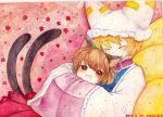  :3 :d animal_ears blonde_hair blush brown_hair cat_ears cat_tail chen fang fox_tail hands_in_sleeves happy hat hug hug_from_behind jewelry mosho multiple_girls multiple_tails no_hat no_headwear open_mouth red_eyes single_earring smile tail touhou traditional_media watercolor_(medium) yakumo_ran 