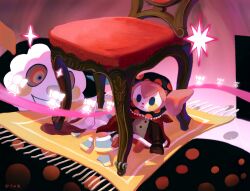  1girl absurdres artist_name blush_stickers chair charlotte_(madoka_magica) highres mahou_shoujo_madoka_magica mahou_shoujo_madoka_magica_(anime) pink_hair pink_ribbon ribbon rug shao_ziye solid_oval_eyes sparkle surreal witch_(madoka_magica) 