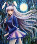  animal_ears bamboo bamboo_forest blazer bunny_ears bunny_tail forest full_moon long_hair miniskirt moon nature necktie night oil_painting_(medium) purple_hair red_eyes reisen_udongein_inaba sketch skirt solo tafuto tail touhou traditional_media very_long_hair 