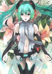  acrylic_paint_(medium) aqua_eyes aqua_hair bad_id belt bridal_gauntlets elbow_gloves fingerless_gloves floating_hair floral_background flower gloves hatsune_miku hatsune_miku_(append) lily_(flower) lips long_hair looking_at_viewer miku_append nanashina navel open_mouth smile solo traditional_media very_long_hair vocaloid vocaloid_append 