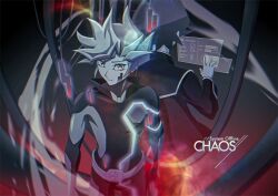  2boys alternate_form atltax_00 back-to-back belt black_bodysuit black_hair black_jacket black_pants bodysuit cable colored_bangs digital_dissolve dual_persona dyed_bangs english_text facing_away facing_viewer fujiki_yusaku grey_belt grey_eyes hand_up highres hologram holographic_interface holographic_touchscreen jacket light_rays looking_at_object looking_at_viewer male_focus mechanization multiple_boys open_clothes open_jacket outstretched_arm pants partially_colored playmaker_(yu-gi-oh!) popped_collar red_hair red_light spiky_hair technology user_interface virtual_reality wind wire yellow_trim yu-gi-oh! yu-gi-oh!_vrains 