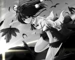  bad_id bird crow fan feathers flying hat highres light_smile monochrome pom_pom_(clothes) sam_(new_bee) shameimaru_aya skirt sky solo sunlight sunshine tokin_hat touhou 