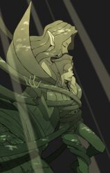  1boy 1girl arm_at_side behind_another blonde_hair bound bound_arms bound_legs bound_torso closed_eyes dappled_sunlight duel_monster facing_to_the_side grey_background hiding hiding_behind_another hug hugging_another&#039;s_leg jacket light_rays long_hair looking_to_the_side monochrome offering_hand_to_another open_clothes open_jacket outstretched_arm pants parted_hair partially_colored plant pointy_ears protecting shirt smile spectre_(yu-gi-oh!) sunlight tied_up_(nonsexual) vines white_jacket white_pants white_shirt wrapped_up ysk_ksng yu-gi-oh! yu-gi-oh!_vrains 