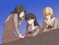  3girls bang_dream! bang_dream!_it's_mygo!!!!! black_hair blonde_hair blue_eyes brown_dress chinese_commentary closed_mouth commentary_request dress drinking_straw drinking_straw_in_mouth hair_between_eyes hanasakigawa_school_uniform highres holding_carton long_hair looking_at_viewer medium_hair misumi_uika mole mole_under_eye multiple_girls neck_ribbon pleated_dress red_ribbon ribbon sailor_collar sailor_dress school_uniform shiina_taki sidelocks twitter_username violet_eyes white_sailor_collar yahata_umiri zih_ii 