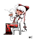  1girl bow chair cigarette fujiwara_no_mokou hair_bow jncarvalho long_hair red_eyes signature sitting smoking solo touhou 