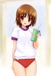  :d brown_hair buruma copyright_request drink gym_uniform hair_ornament hairclip itoji open_mouth red_eyes smile solo straw 