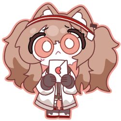  1girl :< absurdres amedrama angelina_(arknights) animal_ear_fluff animal_ears arknights black_gloves brown_hair chibi chibi_only closed_mouth coat commentary_request envelope fox_ears fox_girl gloves highres holding holding_envelope korean_commentary long_hair looking_at_viewer outline red_eyes red_outline simple_background solo standing twintails white_background white_coat 