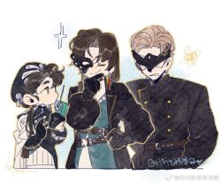  1boy 2girls a_xing artist_name belt beret black_dress black_gloves black_hair black_hat black_ibis_(reverse:1999) black_jacket black_mask blue_jacket brown_belt brown_hair cape cellphone chin_strap clenched_teeth closed_eyes covered_eyes dress eye_mask gloves half_mask hand_on_own_chin hand_on_own_hip hands_up hat holding holding_phone jacket liang_yue_(reverse:1999) long_hair looking_at_another looking_to_the_side low_twintails mask multiple_girls phone police police_uniform policewoman profile reverse:1999 side_cape signature smile sparkle squiggle stroking_own_chin teacher_and_student teeth twintails upper_body weibo_logo weibo_watermark white_background white_cape yellow_eyes 
