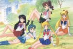  5girls aino_minako bishoujo_senshi_sailor_moon casual city friends grass happy hillside hino_rei kino_makoto laying legs long_legs lying lying_on_stomach mizuno_ami multiple_girls official_art on_stomach outdoors outside portrait sailor_jupiter sailor_mars sailor_mercury sailor_moon sailor_venus sitting skyscraper smile trees tsukino_usagi 