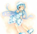  bad_id blue_eyes blue_hair hat ikamusume inaresi long_hair shinryaku!_ikamusume solo tentacle_hair wink 