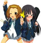  akiyama_mio bag bass_guitar black_eyes black_hair blush brown_eyes brown_hair drumsticks hairband hand_holding hime_cut holding_hands instrument k-on! long_hair multiple_girls oyu_no_kaori pleated_skirt school_uniform skirt tainaka_ritsu transparent_background wink 