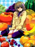  banana blue_legwear brown_eyes brown_hair clannad food fruit grapes ibuki_fuuko long_hair ma_ru_mi orange oversized_object pantyhose persimmon raspberry school_uniform strawberry watermelon 