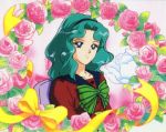   bishoujo_senshi_sailor_moon blue_eyes blue_hair flower kaiou_michiru roses school_uniform teal_hair wavy_hair  