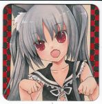  1girl animal_ears black_hair cat_ears cat_pose face fang grey_hair hands head_tilt kooh long_hair marker_(medium) mosho open_mouth pangya paw_pose red_eyes traditional_media twintails watercolor_(medium) 