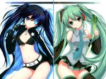 2girls ahoge black_hair black_rock_shooter black_rock_shooter_(character) blue_eyes blush chain detached_sleeves dmyo gloves green_eyes green_hair hatsune_miku headset multiple_girls nail_polish navel necktie parted_lips skirt spring_onion star thighhighs twintails vocaloid 