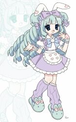  2000s_(style) animal_slippers apron baggy_socks blue_eyes blunt_bangs borrowed_character bow dress green_hair hair_bow highres miruku_(cutesuu) open_mouth original pluspod rabbit_girl ringlets slippers 