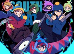  1girl beanie black_coat black_hair blonde_hair brown_hair coat craig_tucker crossover dual_wielding eric_cartman fingerless_gloves fur-trimmed_hood fur_trim gloves green_gloves gun hat highres holding holding_gun holding_scythe holding_weapon hood hoodie kenny_mccormick knit_hat kusarigama kyle_broflovski multiple_boys orange_hoodie potatotop red_coat red_hair scythe sickle soul_eater south_park stan_marsh tweek_tweak ushanka weapon wendy_testaburger winter_clothes winter_coat yellow_gloves 