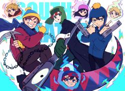  1girl beanie black_coat black_hair blonde_hair brown_hair coat craig_tucker crossover dual_wielding eric_cartman fingerless_gloves fur-trimmed_hood fur_trim gloves green_gloves gun hat highres holding holding_gun holding_scythe holding_weapon hood hoodie kenny_mccormick knit_hat kusarigama kyle_broflovski multiple_boys orange_hoodie potatotop red_coat red_hair scythe sickle soul_eater south_park stan_marsh tweek_tweak ushanka weapon wendy_testaburger winter_clothes winter_coat yellow_gloves 