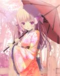  blonde_hair blunt_bangs blush bow brown_hair face hair_bow hands highres japanese_clothes kimono long_hair open_mouth oriental_umbrella original payot purple_eyes ribbon smile spirtie umbrella violet_eyes wide_sleeves wooden_fence 