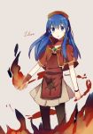  :o blue_hair blush character_name fire fire_emblem fire_emblem:_fuuin_no_tsurugi fire_emblem_fuuin_no_tsurugi hat lilina long_hair megata open_mouth pantyhose simple_background solo tabard 