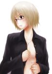  dokyuu_afro glasses highres jewelry necklace no_bra open_clothes open_shirt original shirt short_hair solo 