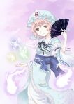  1girl butterfly fan folding_fan ghost hat highres hitodama japanese_clothes kimono pink_eyes pink_hair saigyouji_yuyuko solo touhou 
