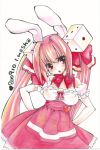  :o bare_shoulders bow bowtie breasts bunny_ears cleavage colored_pencil_(medium) di_gi_charat dice dress erect_nipples frown hair_bow hands_on_hips head_tilt heart long_hair looking_at_viewer mosho pink_hair red_eyes traditional_media twintails usada_hikaru very_long_hair 