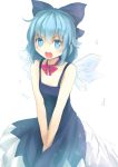  1girl blue_eyes blue_hair bow cirno culter dress hair_bow ice ice_wings open_mouth ribbon short_hair solo touhou wings 