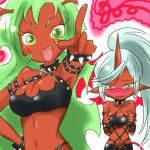  artist_request bibirin blue_hair blush breast_envy breasts cleavage demon_girl fang frown glasses green_eyes green_hair happy horns kneesocks_(character) kneesocks_(psg) large_breasts long_hair multiple_girls navel open_mouth panty_&amp;_stocking_with_garterbelt pointing ponytail red_skin scanty scanty_(psg) siblings sisters small_breasts very_long_hair 