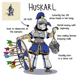  1girl abs age_of_empires_ii armor arrow_(projectile) black_hair blue_eyes blue_skirt breastplate dirty dirty_clothes english_text helm helmet highres hilt huskarl_(age_of_empires_ii) kabewski long_sleeves pants reference_inset rope severed_head shield skirt statue sword weapon white_background 