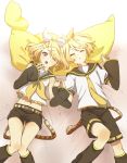  brother_and_sister closed_eyes eyes_closed hair_ornament hairclip hand_holding holding_hands kagamine_len kagamine_rin kanro lying midriff navel necktie shorts siblings twins vocaloid wink 