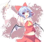  &gt;:) :d arm_up armpits ascot bat_wings blue_hair bow cosplay detached_sleeves fuyu-nagi gohei hair_bow hakurei_reimu hakurei_reimu_(cosplay) japanese_clothes low_wings midriff miko open_mouth purple_eyes remilia_scarlet smile solo striped striped_background touhou tsurime wings 