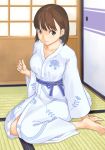  anegasaki_nene barefoot brown_eyes brown_hair japanese_clothes kimono love_plus mole oboro_(squeeze) short_hair sitting solo tatami yukata 