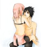  1girl black_hair couple haruno_sakura ilabarattolo naruto pink_hair sitting sitting_on_lap sitting_on_person uchiha_sasuke upright_straddle 