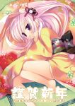  :3 absurdres animal_ears bare_legs barefoot bunny_ears fetal_position hair_ornament highres japanese_clothes kimono long_hair lying mouth_hold new_year on_side original pink_eyes pink_hair sazaki_ichiri side_ponytail solo tatami 