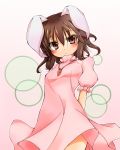  animal_ears arms_behind_back blush brown_eyes brown_hair bunny_ears carrot colored dress fuyuno_taka highres inaba_tewi jewelry kyuushiki necklace short_hair solo touhou 